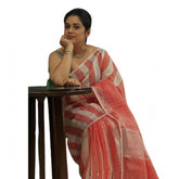Multicolor linen printed saree with unstitched blouse, vibrant Indian fashion on mannequin