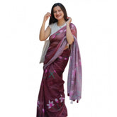 Brown linen printed saree with unstitched blouse, vibrant Indian traditional wear