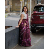 Women's Linen Printed Saree With Unstitched Blouse 5.5Mtr (Brown)