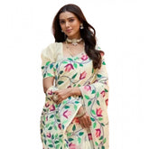 Cream Georgette printed saree with unstitched blouse (5.5Mtr), fashionable traditional attire for women