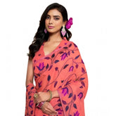 Peach georgette printed saree with unstitched blouse, 5.5Mtr, vibrant traditional Indian women's fashion