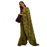 Green linen printed saree with unstitched blouse, vibrant traditional Indian wear