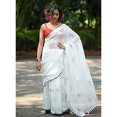 White linen printed saree with unstitched blouse, vibrant design on a classic 5.5mtr length