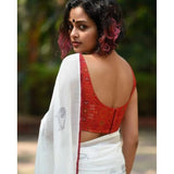 Women's Linen Printed Saree With Unstitched Blouse 5.5Mtr (White)