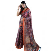 Brown linen printed saree with unstitched blouse, vibrant Indian traditional wear