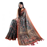 Green linen printed saree with unstitched blouse (5.5mtr) on mannequin