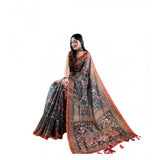 Women's Linen Printed Saree With Unstitched Blouse 5.5Mtr (Green)