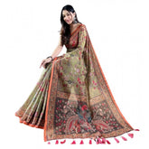 Sea green linen printed saree with unstitched blouse (5.5Mtr), women's traditional Indian wear on mannequin