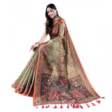 Women's Linen Printed Saree With Unstitched Blouse 5.5Mtr (Sea Green)