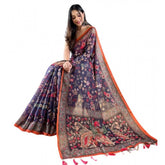 Blue linen printed saree with unstitched blouse, vibrant design for traditional Indian wear