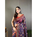 Women's Linen Printed Saree With Unstitched Blouse 5.5Mtr (Blue)