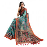 Olive linen printed saree with unstitched blouse (5.5mtr), vibrant Indian ethnic wear on model