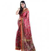 Red linen printed saree with unstitched blouse (5.5Mtr), vintage Indian women's wear