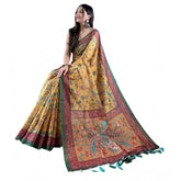 Yellow linen printed saree with unstitched blouse (5.5Mtr), traditional Indian wear