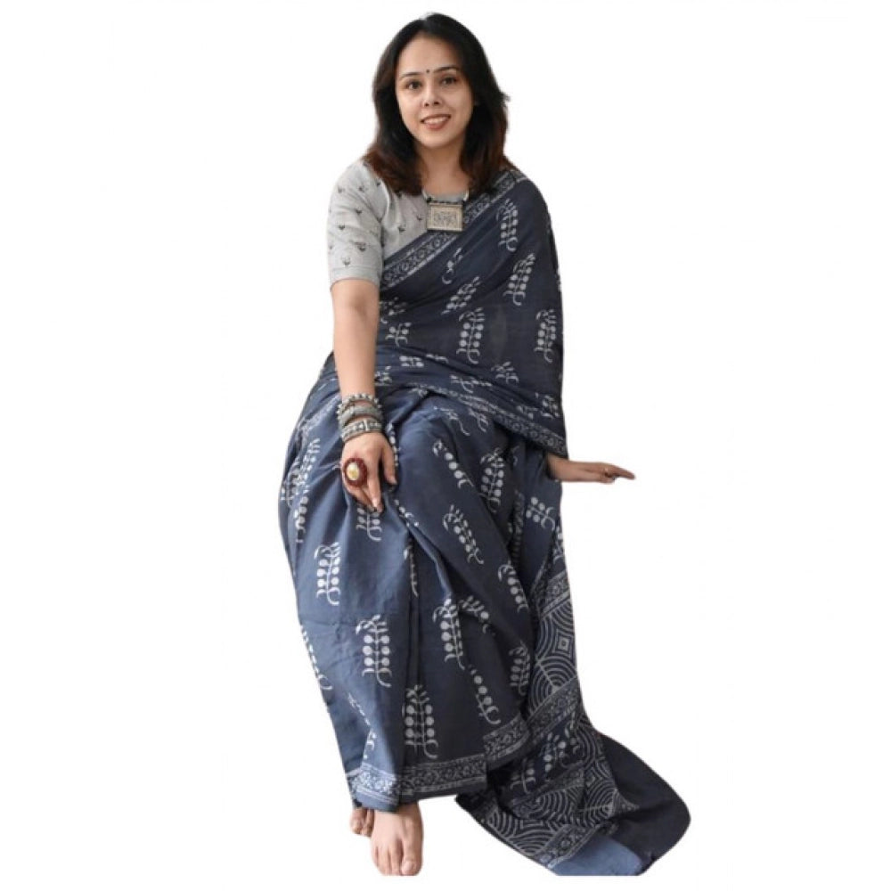 Grey linen printed saree with unstitched blouse (5.5Mtr) - vibrant, ethnic Indian wear on model