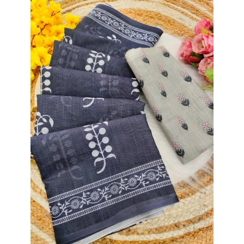 Grey linen printed saree with unstitched blouse (5.5Mtr) - vibrant design on display