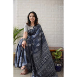 Grey linen printed saree with unstitched blouse (5.5mtr), showcasing intricate designs