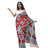 Red linen printed saree with unstitched blouse (5.5Mtr), traditional Indian women's fashion accessory