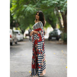 Women's Linen Printed Saree With Unstitched Blouse 5.5Mtr (Red)