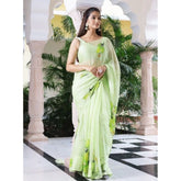 Green linen printed saree with unstitched blouse (5.5mtr) - traditional Indian women's attire