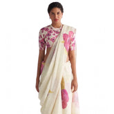 White linen printed saree with unstitched blouse (5.5Mtr), vibrant pattern on traditional Indian garment