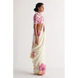 Women's Linen Printed Saree With Unstitched Blouse 5.5Mtr (White)