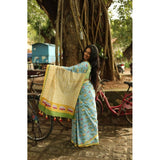 Women's Linen Printed Saree With Unstitched Blouse 5.5Mtr (Blue)