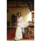 White linen printed saree with unstitched blouse, 5.5Mtr length