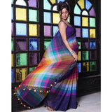 Women's Linen Printed Saree With Unstitched Blouse 5.5Mtr (Navy)