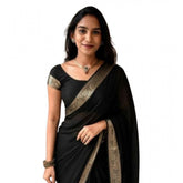 Black Vichitra silk printed saree with unstitched blouse, intricate patterns on elegant 5.5m saree