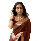 Brown Vichitra silk printed saree with unstitched blouse (5.5Mtr), vibrant traditional Indian wear on mannequin