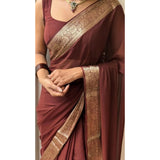 Women's Vichitra Silk Printed Saree With Unstitched Blouse 5.5Mtr (Brown)