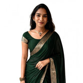 Green Vichitra silk printed saree with unstitched blouse, 5.5mtr length on model