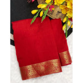 Red Vichitra silk printed saree with unstitched blouse, intricate design on traditional attire
