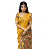 Mustard linen printed saree with unstitched blouse (5.5Mtr) - traditional Indian attire for women on display