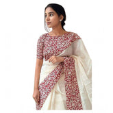White linen printed saree with unstitched blouse, 5.5Mtr length on model for traditional Indian wear