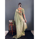 Women's Satin Printed Saree With Unstitched Blouse 5.5Mtr (Green)