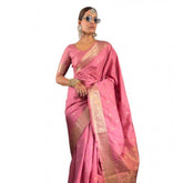 Women's Satin Printed Saree With Unstitched Blouse 5.5Mtr (Pink)