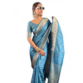 Light blue satin printed saree with unstitched blouse (5.5mtr) on dress form