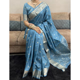 Women's Satin Printed Saree With Unstitched Blouse 5.5Mtr (light Blue)