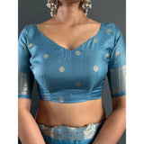 Women's Satin Printed Saree With Unstitched Blouse 5.5Mtr (light Blue)