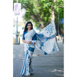 Women's Linen Printed Saree With Unstitched Blouse 5.5Mtr (White)