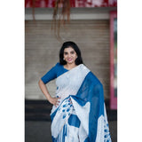 Women's Linen Printed Saree With Unstitched Blouse 5.5Mtr (White)