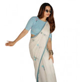 White linen printed saree with unstitched blouse (5.5Mtr), featuring intricate designs on a clean white background