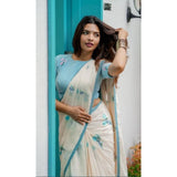 Women's Linen Printed Saree With Unstitched Blouse 5.5Mtr (White)
