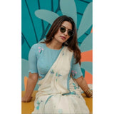 Women's Linen Printed Saree With Unstitched Blouse 5.5Mtr (White)