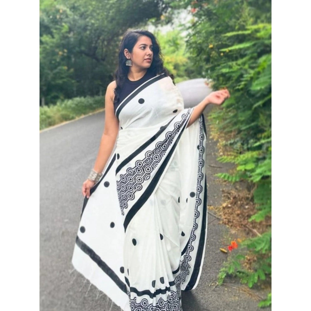 White linen printed saree with unstitched blouse (5.5Mtr), traditional Indian women's fashion accessory