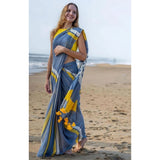 Women's Linen Printed Saree With Unstitched Blouse 5.5Mtr (Blue)