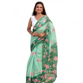 Green linen printed saree with unstitched blouse (5.5mtr), vibrant floral design on display