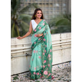 Women's Linen Printed Saree With Unstitched Blouse 5.5Mtr (Green)